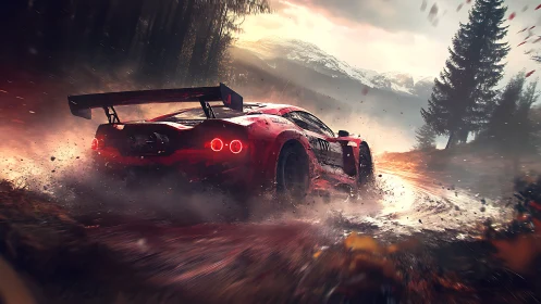 Red rally supercar drifting through misty alpine trail.