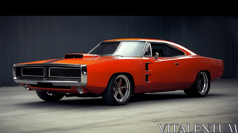 Orange muscle car profile with low-key studio lighting.