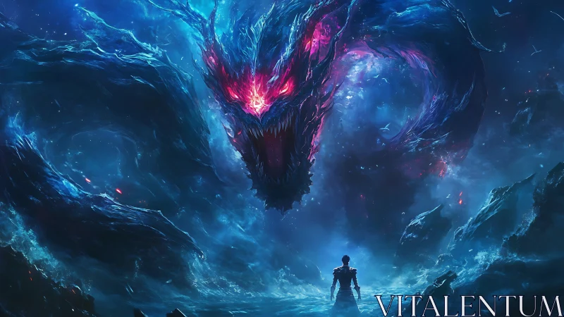 Human figure observes large cosmic serpent in luminous void