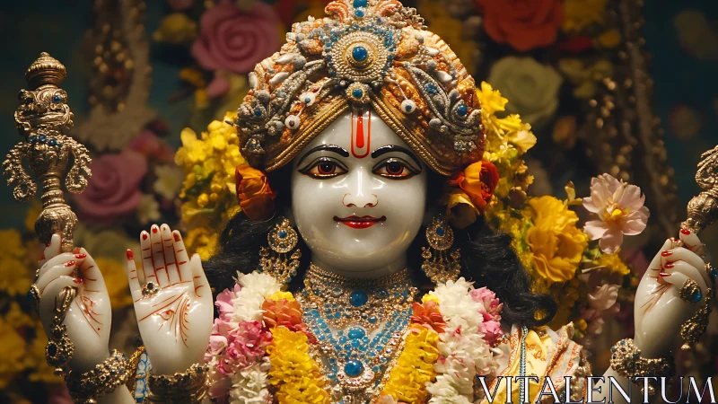 Hindu deity statue in ornate jewelry and flower garlands.