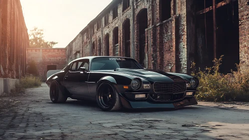 Midnight muscle car resting beside weathered brick ruins.