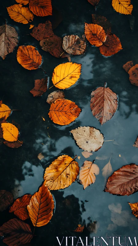 Golden autumn leaves drift gently across a dark, still pond