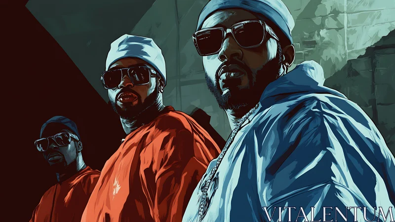 Hip hop trio in bold streetwear digital illustration.