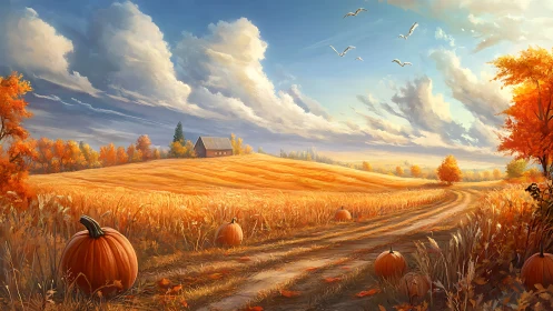 Pumpkins parade across a sunlit autumn hillside dreamscape