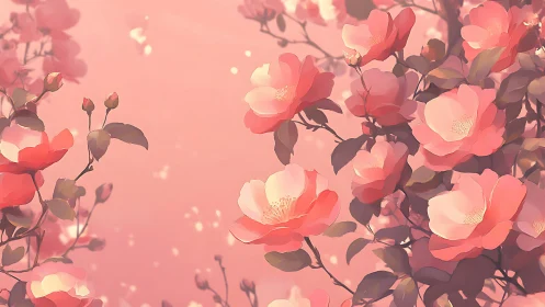 Pink flowering branches against soft diffused background