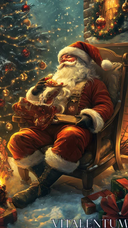 Santa rests by fire savoring cookies amid glowing tree