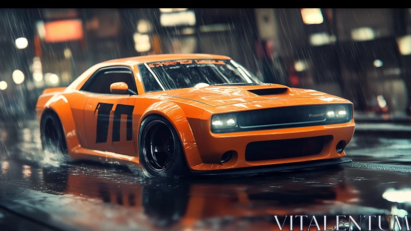 Orange race car drifts through rainy night city street