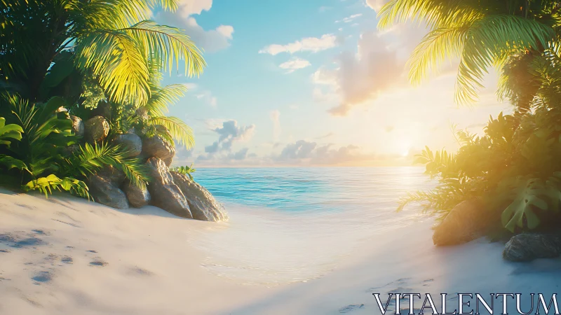Tropical Paradise Beach with Palm Trees at Golden Sunset Hour