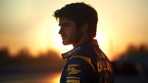 Photorealistic profile of racing driver in sunset backlight.