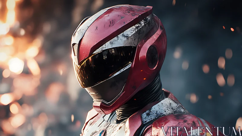 Red armored sci fi soldier stands in sparks and smoke