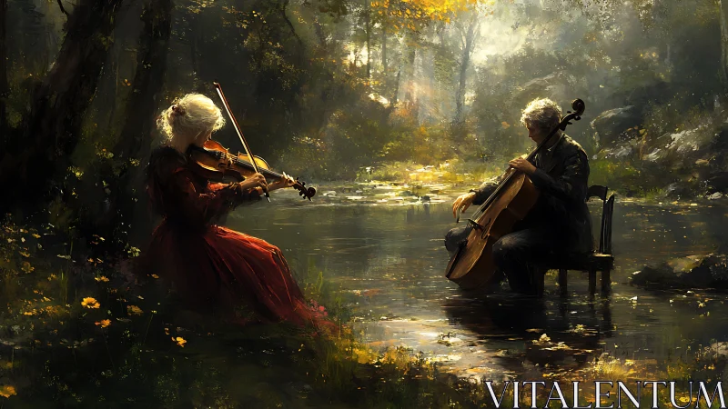 Gentle woodland duet where strings and sunlight softly meet.
