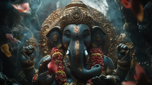 Elephant-headed deity statue rendered with ornate metallic detailing