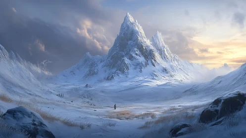 Snowy mountain sunrise welcoming a lone winter traveler.