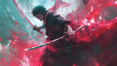 Storm of blades swirls around a fierce anime swordsman