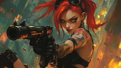 Fiery cyberpunk gunslinger locks target amid neon chaos.