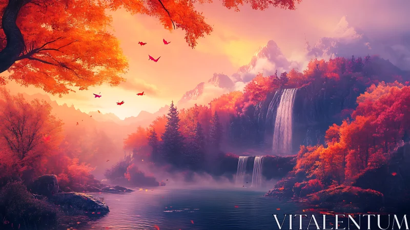 Autumn waterfalls glow beneath a fiery, dreamlike sky.
