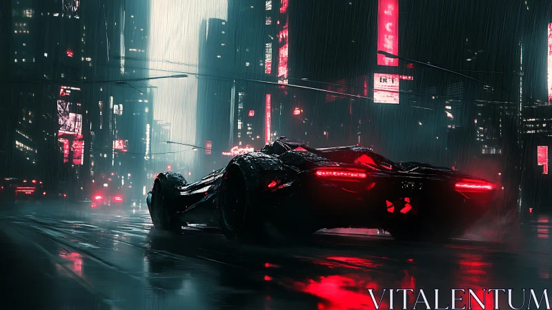Futuristic hypercar slices through neon rain-soaked megacity.