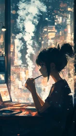 Pensive girl at desk gazes over neon city night skyline