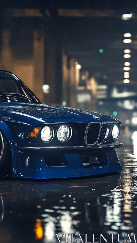Low-slung classic BMW coupe under rain in urban nightscape