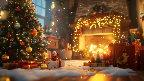 Cozy Christmas living room with tree, gifts, glowing fireplace.