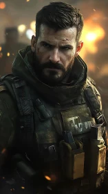 Battle-hardened soldier in tactical gear under fire.