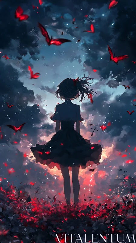 Silhouetted girl amid red butterflies and twilight sky.