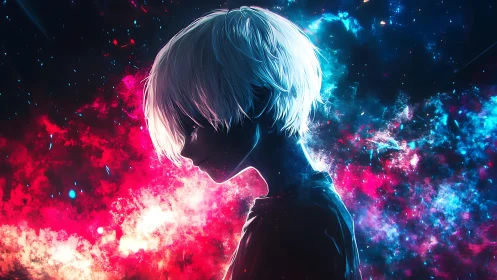 Stargazer silhouette cuts neon cosmos in electric contrast.