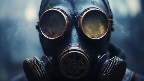 Person wearing industrial gas mask in soft focus haze.