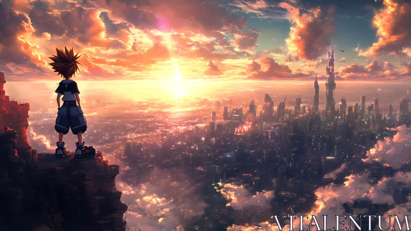 Skyline dreamer studies a neon city swallowed by sunrise