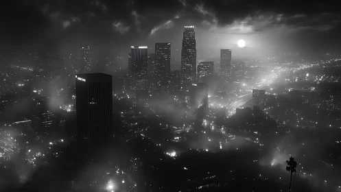 Midnight city skyline wrapped in fog and silver moonlight.
