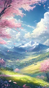 Cherry blossoms frame snowcapped mountains over green valley