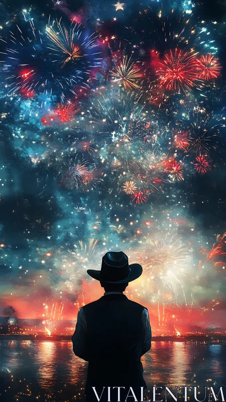 Silhouetted figure observing dense fireworks over water.