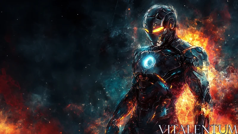 Armored sci fi hero strides forward through swirling fire