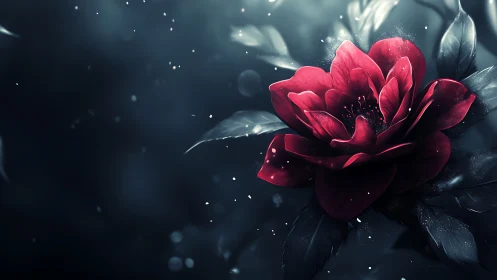 Crimson rose glows against icy blue bokeh night background.