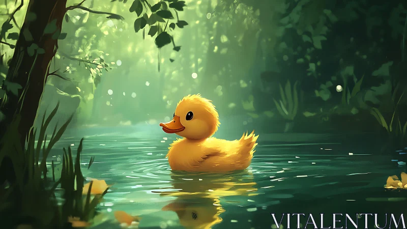 Yellow duckling on calm forest pond in soft daylight.