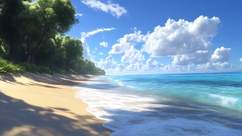 Tropical beach with dense palm tree forest and calm turquoise ocean waters