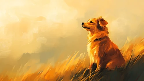 Golden dog in side profile within warm field setting.