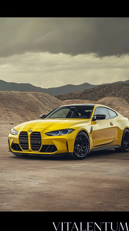Yellow BMW sports coupe waits under stormy desert skies