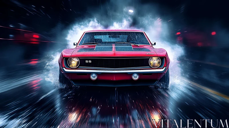 Digital painting of red muscle car in cinematic rain pursuit.