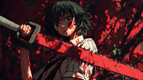 Crimson chainsaw hums while quiet fury stares back