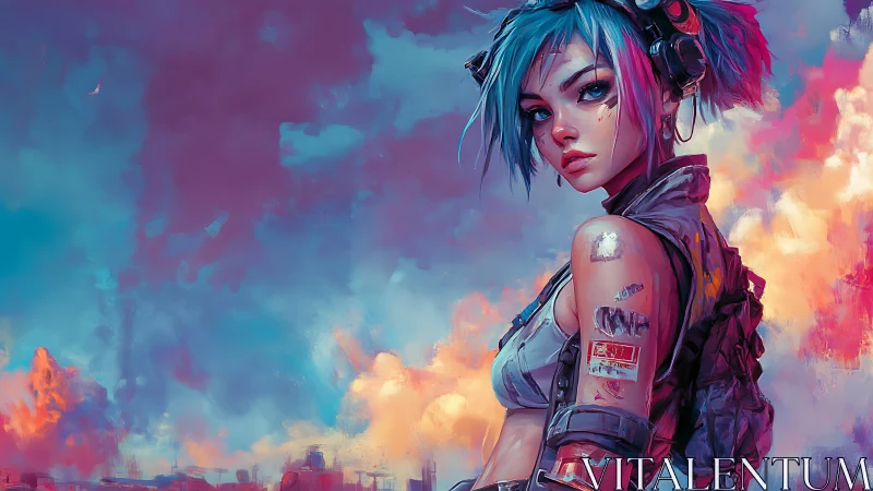 Cyberpunk rebel gazes over neon clouds at twilight city