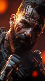 Battle-hardened hero framed in embers and quiet resolve.
