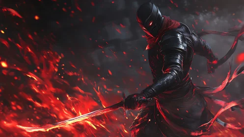 Armored masked figure holds flaming sword in dark environment