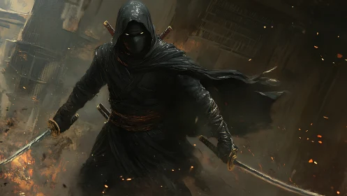 Shadow-clad blade dancer storms a burning alleyway nightfall.