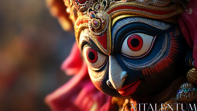 Intense close-up of ornate Hindu goddess mask in warm bokeh light