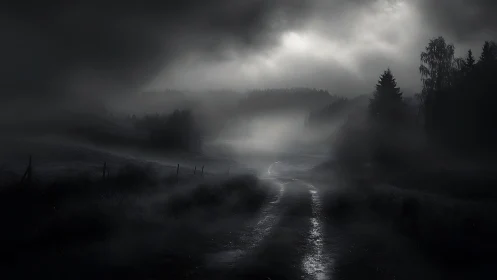 Nocturnal fog landscape with winding dirt road and backlight