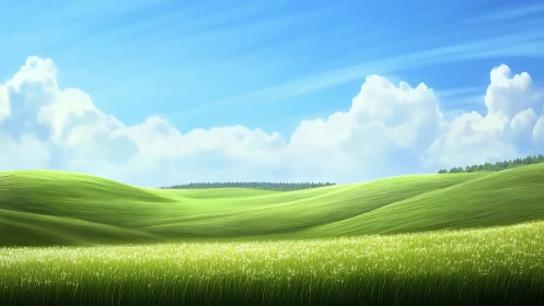 Soft green hills roll under bright clouds and a wide blue sky