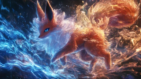 Elemental fox spirit running through fire and water energy.