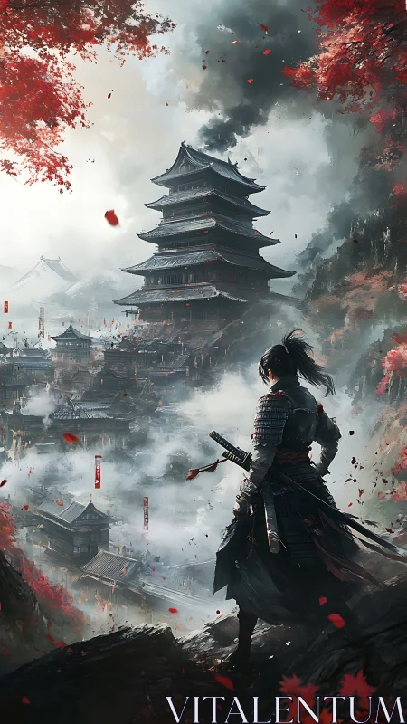 Armored ronin overlooking misty multi-tiered pagoda citadel