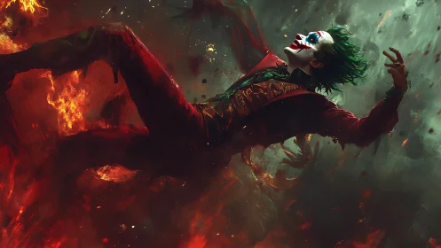 Clown-faced figure falling through infernal chromatic flames